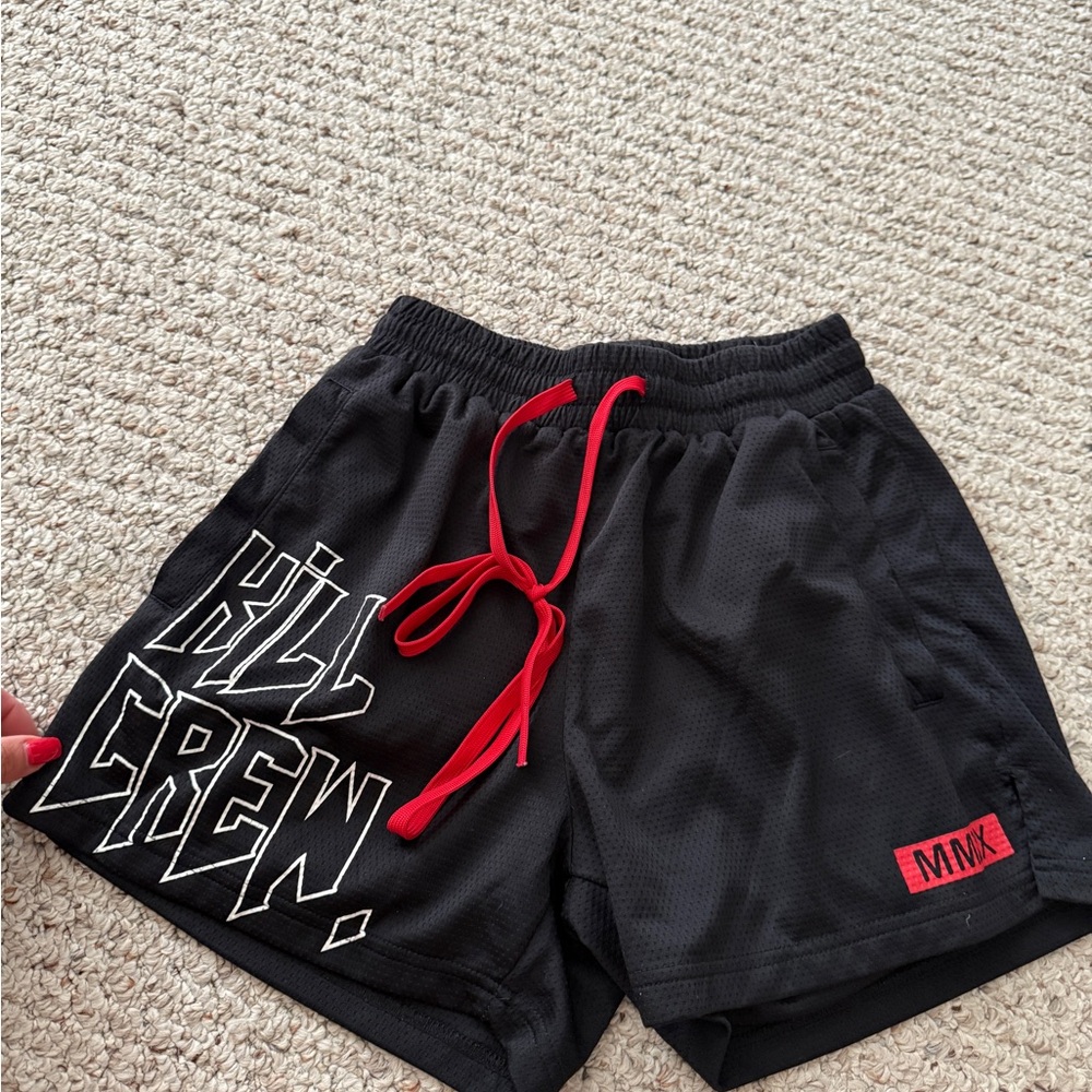 Kill Crew Black and Red Athletic Shorts with Graphic Design